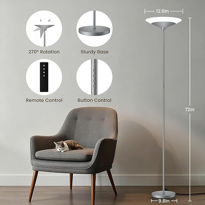SIBRILLE Silver Torchiere Floor Lamp - 30W Dimmable LED Standing Lamp with Remote/Button Control, 1800Lm, 3000-6500K, 72in Bright Standing Pole Light for Living Room Bedroom Office Corner