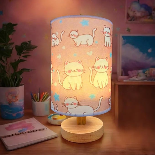 Cat Lamp, Kitty Night Light, 3 Color Changing LED Night Light with 9 Brightness Levels Wood Nightstand Desk Base Flaxen Fabric Shade for Bedroom Living Room (Pink Cat)