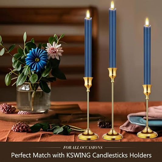 KSWING Upgraded Real Wax LED Flameless Navy Blue Taper Candles with Remote, 6 PCS Candlesticks Battery Operated 3D Flickering - 9.6" Long Realistic Fake Candle Sticks for Home/Wedding/Xmas Deco