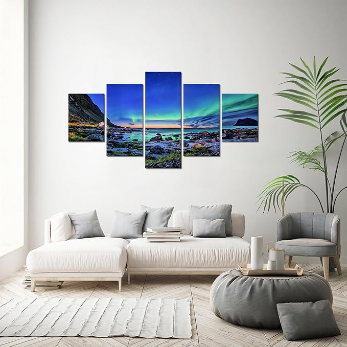 SKASNFAI Northern Lights Wall Art for Living Room Framed Landscape Picture Wall Decor Canvas Aurora Borealis Print Posters Scenery Framed Artwork for Bedroom 60x32