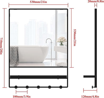 Wall Mirror with Shelf and Hooks,Vanity Mirror with Hooks, 21 X 28 inch Metal Framed Bathroom Mirror with Shelf for Bathroom, Entryway, Bedroom, Living Room (Black, 21" x 28")