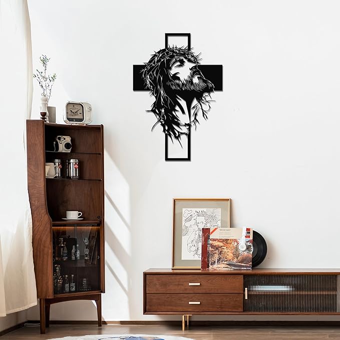 Slickss Large Jesus Wall Art, Metal Cross Wall Decor with Jesus Figure, 23.6x16.7 Inch Religious Wall Hanging, Christian Home Decor for Living Room, Office, Bedroom
