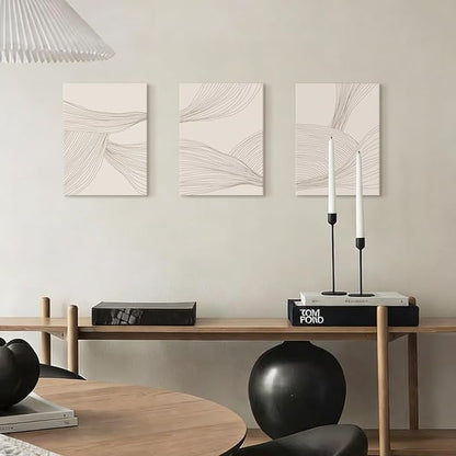 Netural Abstract Wall Art Set of 3,Beige Tones Line Art Prints,Modern Abstract Art Wall Decor Living Room,Minimlist Boho Framed Canvas Artwork,Bohemian Bathroom Bedroom Decor,12x16in