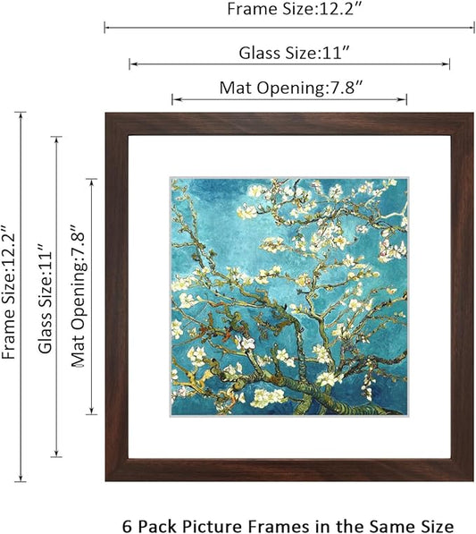 11x11 Picture Frame Set of 6 with Real Glass for Pictures 8x8 with Mat or 11x11 Without Mat, Wall Gallery or Tabletop display Photo Frames in Walnut