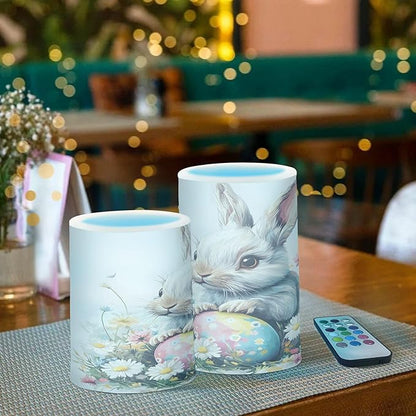 ALAZA Easter Bunny Rabbit Eggs Spring Flowers Flickering Flameless Candles Battery Operated with Remote Timer,Tea Light Candles LED Pillar Votive Candles Set of 2 for Outdoor Indoor Decorations