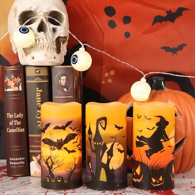 Halloween LED Flameless Pillar Candles Battery Operated with 6 Hour Timer Set of 3 Orange Wax Warm Light Flickering Witch Bats Castle Spooky Decals Halloween Decor Gifts(3 x 6 Inch)