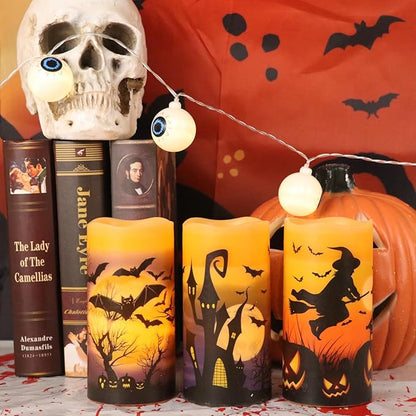 Halloween LED Flameless Pillar Candles Battery Operated with 6 Hour Timer Set of 3 Orange Wax Warm Light Flickering Witch Bats Castle Spooky Decals Halloween Decor Gifts(3 x 6 Inch)