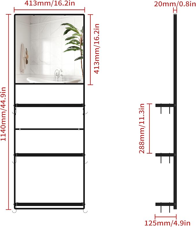 45" X 16" Black Wall Mirror with Shelf and Hooks, Rectangle Mirror for Wall, 3 Trays and 12 Removable Hooks,for Living Room, Hallway, Bedroom (Black-Square)