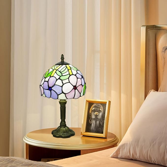 Tiffany Style Table Lamp, 3 Color Temperatures Bedside Lamp, 8 Inch Stained Glass Desk Light for Home Office Bedroom Living Room (4 Flower Pattern)