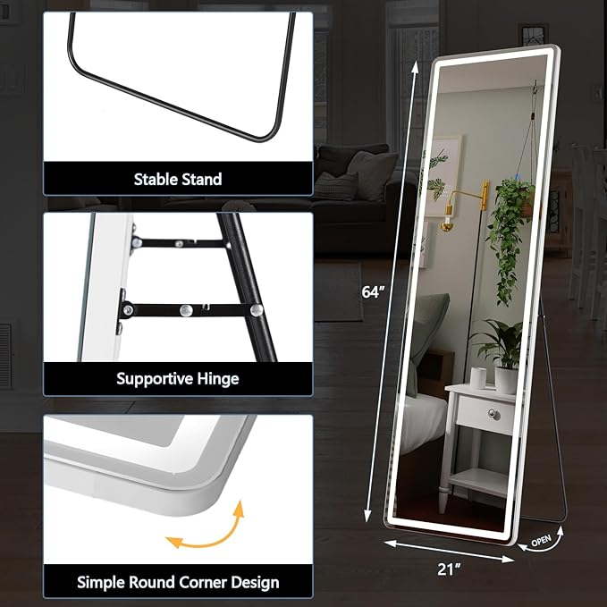 DUMOS 21"×64" LED Full Length Mirror with Lights, Lighted Floor Full Body Mirror with 3 Color Lighting, Wall Mounted Stand Mirror for Bedroom, Dressing Room, Living Room, Bathroom