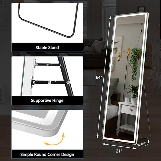 DUMOS LED Full Length Floor Mirror, 20"×63" Full Body Standing Mirror with Lights, 3 Color Lighting, Hanging or Leaning, Wall Mounted, Modern Simple Home Wall Decor, White