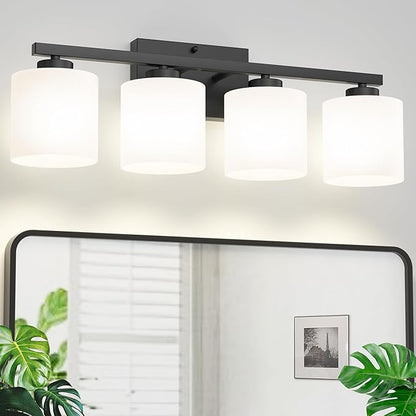 Honesorn 4-Light Vanity Lights, Matte Black with Frosted Shade & Nickel Finish, Modern Bathroom Over Mirror Lighting