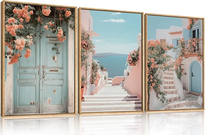 KAIRNE Italy Amalfi Coast Cityscape Framed Canvas Wall Art Set,Neutral Italian Mediterranean Wall Decor,Greece Island Landscape Wall Painting,Florida Beach Artwork for Living Room,Bedroom-24 x36 x3