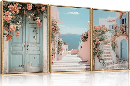 KAIRNE Italy Amalfi Coast Cityscape Framed Canvas Wall Art Set,Neutral Italian Mediterranean Wall Decor,Greece Island Landscape Wall Painting,Florida Beach Artwork for Living Room,Bedroom-24 x36 x3