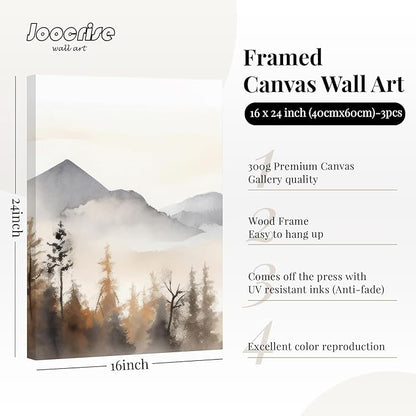Neutral Mountain Wall Art Decor Set of 3 Forest Canvas Wall Art Poster Landscape Wall Art Artwork Modern Pictures Abstract Painting Watercolor Prints for Living Room Bedroom 16x24 Inch Wrapped Canvas
