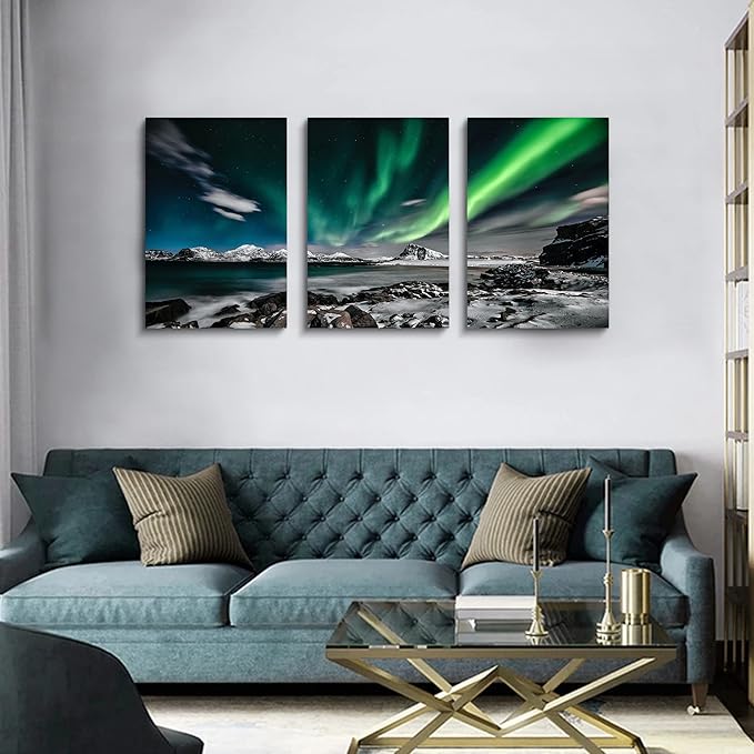 Green Sky Poster 3 Pieces Wall Art Ephany Art Aurora Scenery Painting on Canvas Landscape Sky Night Painting Stretched and Framed Canvas Paintings Ready to Hang for Home Decorations Wall Decor