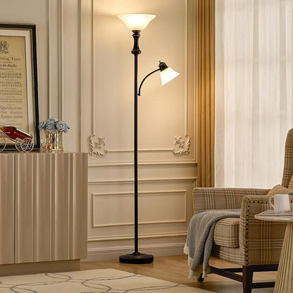 71'' Floor Lamps for Living Room, Tall Floor Lamp for Bedroom with Adjustable Angle Arc Reading lamp, Modern Torchiere Standing lamp with Glass Shade, Knob Switch, Bulb Included, Black