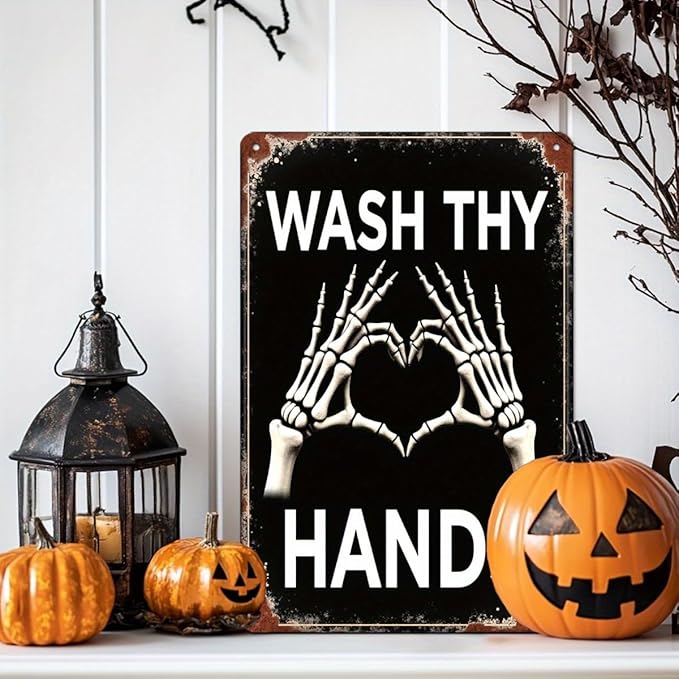 Wash Thy Hands Skeleton Metal Tin Sign Halloween Decor Vintage Wall Art Rustic Bathroom Kitchen Entryway Home Decorative Signs Metal Poster 8x12 Inch