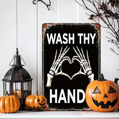 Wash Thy Hands Skeleton Metal Tin Sign Halloween Decor Vintage Wall Art Rustic Bathroom Kitchen Entryway Home Decorative Signs Metal Poster 8x12 Inch