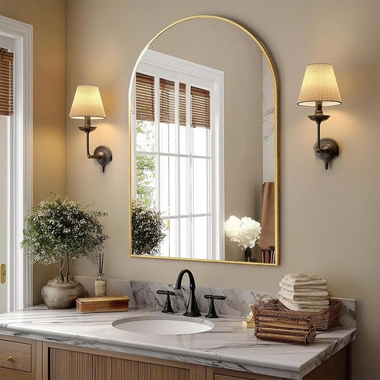 Dewfig Arched Wall-Mounted Mirror, 26"x38" Arch Bathroom Mirror, Gold Vanity Mirror for Wall Décor, Wall Mirror with Metal Frame for Bedroom, Entryway, Living Room, Brushed Gold
