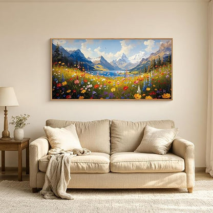 HOURIA Spring Boho Vibrant Watercolor Wildflower & Snowy Mountain Framed Canvas Wall Art Set,Colorful Floral Landscape Decor,Modern Natural Field Scenery Artwork for Living Room,Bedroom,Farmhouse- 20"×40"×1