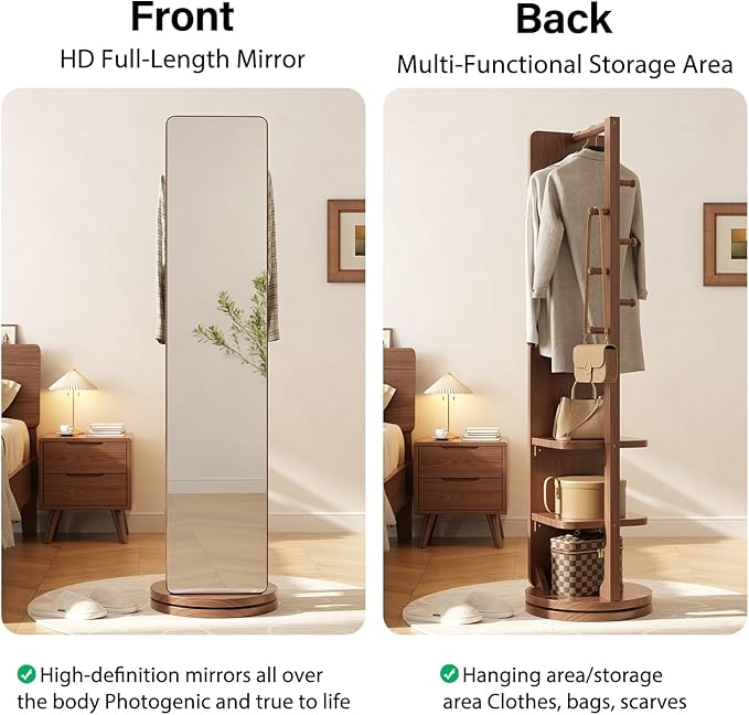 WoodsWhisper Full Length Mirror Coat Rack Solid Wood Floor Mirror 70"x16" Full Length Mirror with Stand Long Mirrors for Bedroom,Living Room (Walnut, 70" L x 16" W)
