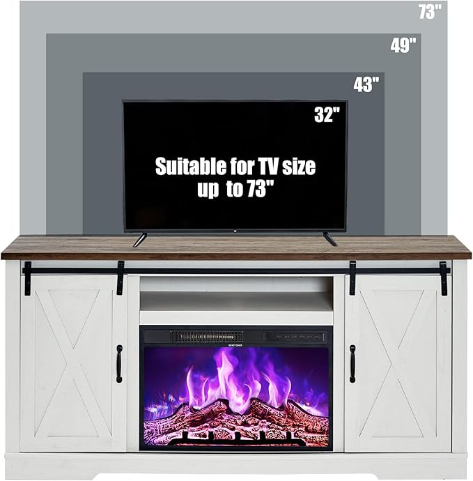AMERLIFE Fireplace TV Stand with Sliding Barn Door for TVs up to 73", Farmhouse 63" Fireplace Entertainment Center with Storage Cabinets/Adjustable Shelves, Distressed White & Barnwood