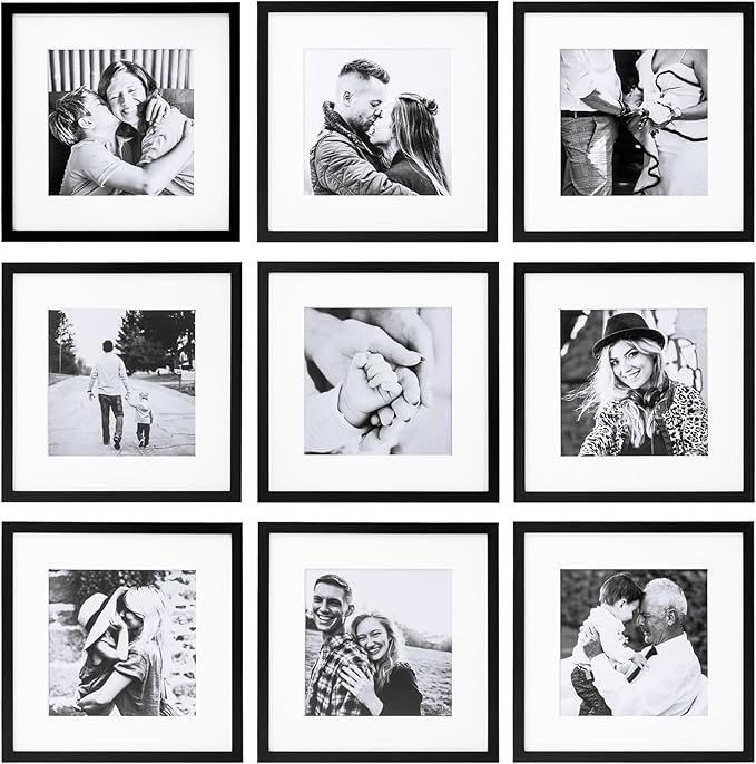 ArtbyHannah Photo Collage Frames for Wall, 10x10 Inch Square Picture Frame for Living Room or Staircase Decoration (Black, 9 Pack)