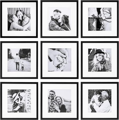 ArtbyHannah Photo Collage Frames for Wall, 10x10 Inch Square Picture Frame for Living Room or Staircase Decoration (Black, 9 Pack)