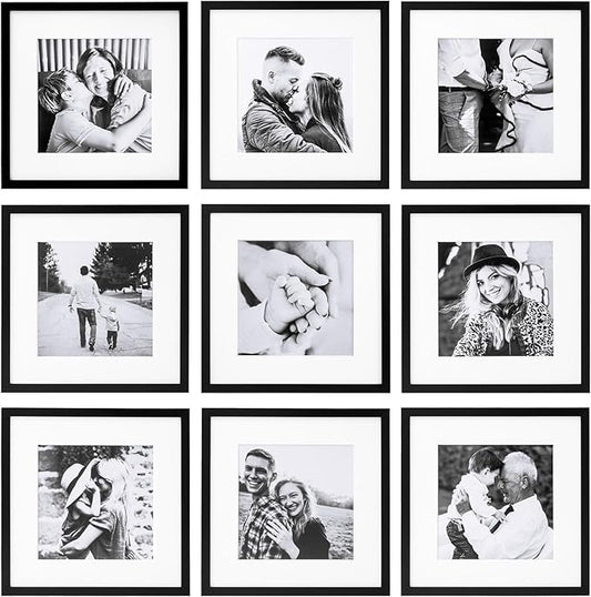 ArtbyHannah Photo Collage Frames for Wall, 10x10 Inch Square Picture Frame for Living Room or Staircase Decoration (Black, 9 Pack)