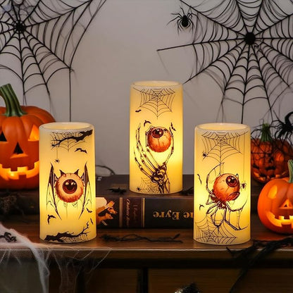 Halloween Flameless Flickering Candles Battery Operated with Timer, 3 Pack Real Wax LED Pillar Candles Spooky Bloody Eyes Spider Decals Dinner Halloween Decorations Indoor(3" D x 6" H)