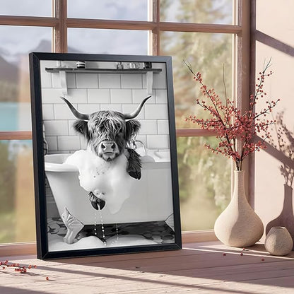 Highland Cow Bathroom Wall Art, Cute Black and White Animal Wall Decor Painting, Highland Cow in Bathtub Farmhouse Canvas Print Picture, Funny Bathroom Restroom Decor 12x16 Inch Wood Framed