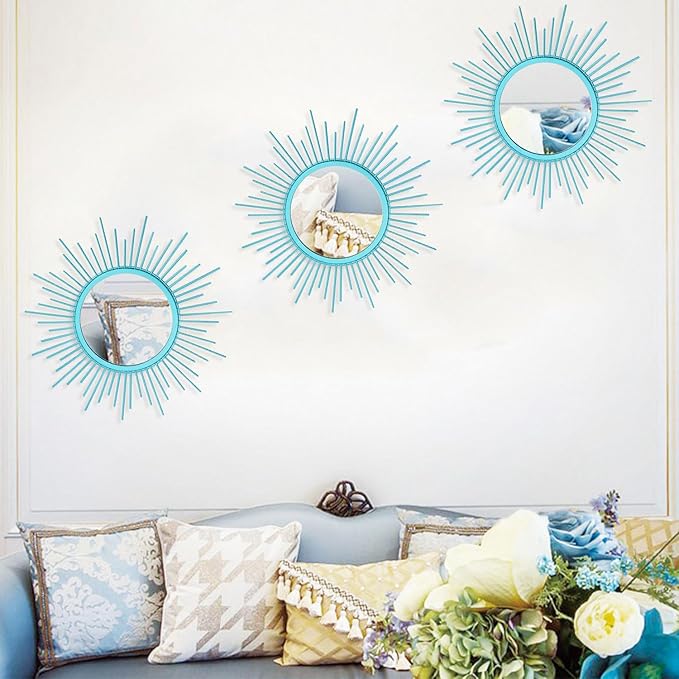 3 Pack Metal Mirrors for Wall Sunburst Wall Mirrors Home Décor Decorative Hanging Wall Art for Living Room Bedroom Entryway (Greenish Blue, Sunburst)