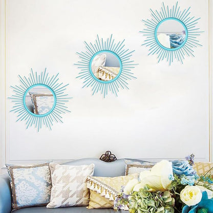 3 Pack Metal Mirrors for Wall Sunburst Wall Mirrors Home Décor Decorative Hanging Wall Art for Living Room Bedroom Entryway (Greenish Blue, Sunburst)