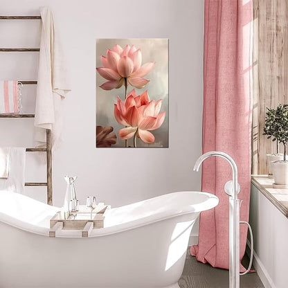 Lotus Pictures Wall Art for Bathroom Pink Flowers Modern Spring Floral Paintings Canvas Prints Artwork for Living Room Bedroom Home Decoration Framed