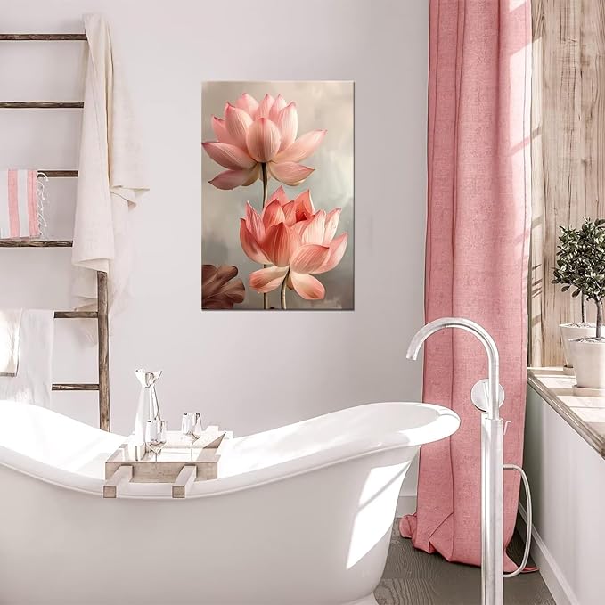 Lotus Pictures Wall Art for Bathroom Pink Flowers Modern Spring Floral Paintings Canvas Prints Artwork for Living Room Bedroom Home Decoration Framed