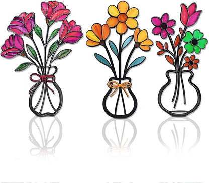 3 Pieces Metal Vase Flowers Wall Arts Decor, Rustic Farmhouse Style Décor Metal Wall Decors Sculptures, Minimalist Flower Natural Themed Decorations for Home Bedroom Gifts(Colorful-C)
