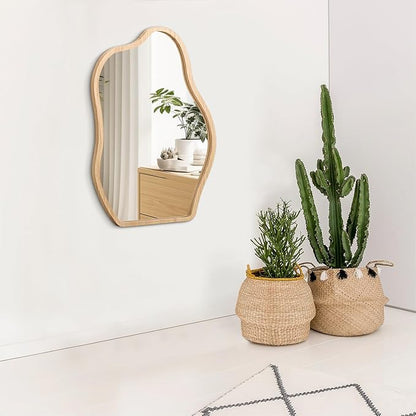 Wall Mirror Irregular Cloud Mirror Modern Wood Frame Mirror Unique Shape Asymmetrical Wall Vanity Artistic Mirror Decor for Bedroom Bathroom Entryway Hallway Living Room Large