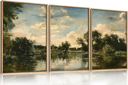 Aryroi Vintage Landscape Framed Canvas Wall Art Set,Rustic Natural Green Trees and Lake Wall Decor,Classic Nature Scenic French Country Forest Artwork for Living Room,Bedroom,Farmhouse-16 x24 x3