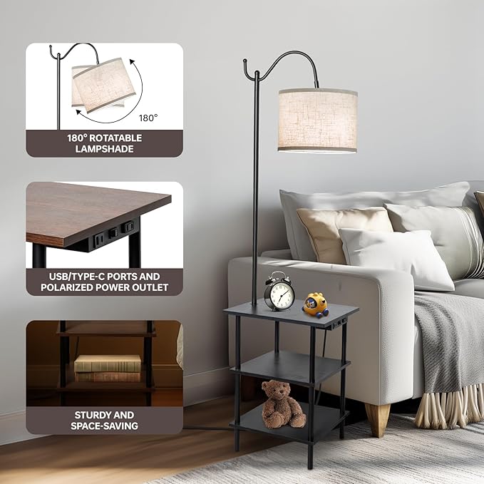 EOEYYOYB Floor Lamp with 3-Tier Shelves, End Table Lamp with USB Charging Port Power Outlet, Side Table Reading Light with 3 Color Temperature Led Bulb Included, Floor Lamps for Living Room, Black