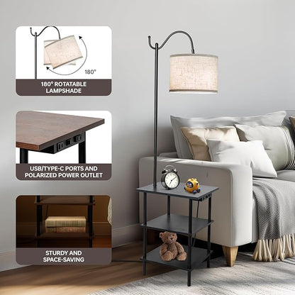 EOEYYOYB Floor Lamp with 3-Tier Shelves, End Table Lamp with USB Charging Port Power Outlet, Side Table Reading Light with 3 Color Temperature Led Bulb Included, Floor Lamps for Living Room, Black