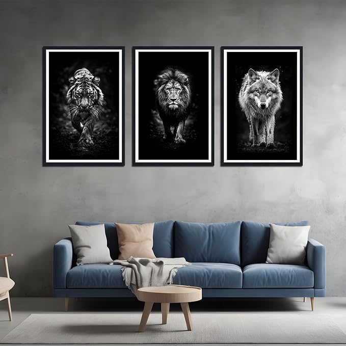 Tiger Lion Wolf Walking Framed Canvas Wall Art Ferocity Wildlife Animals Poster Wall Decor for Country Living Room Office Modern Black White Animal Artwork Decoration Easy to Hand 24x36inchx3pcs