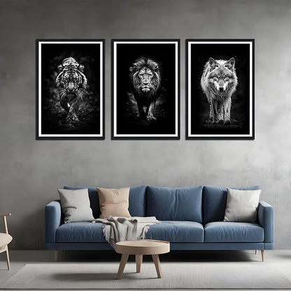 Tiger Lion Wolf Walking Framed Canvas Wall Art Ferocity Wildlife Animals Poster Wall Decor for Country Living Room Office Modern Black White Animal Artwork Decoration Easy to Hand 24x36inchx3pcs