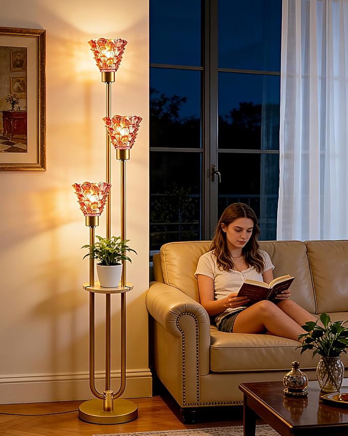 3-Light Modern Glass Floor Lamp with Shelf, Gold Tall Standing Lamp with Deep Red Flower Glass Shade, LED Floor Lamp with Foot Switch& 5Lbs Heavy Base for Living Room Bedroom, Bulb Included