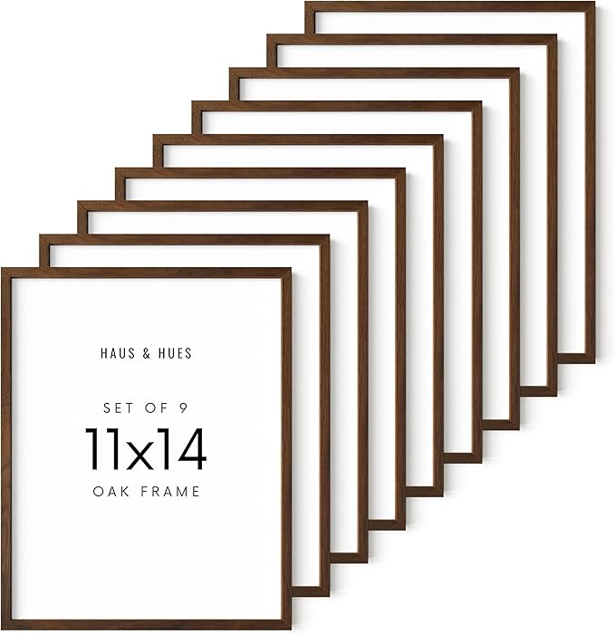 HAUS AND HUES Walnut Wood 11x14 Picture Frames - Set of 9, Natural Frames with Plexiglass and Hanging Hardware (Walnut Oak Frame)