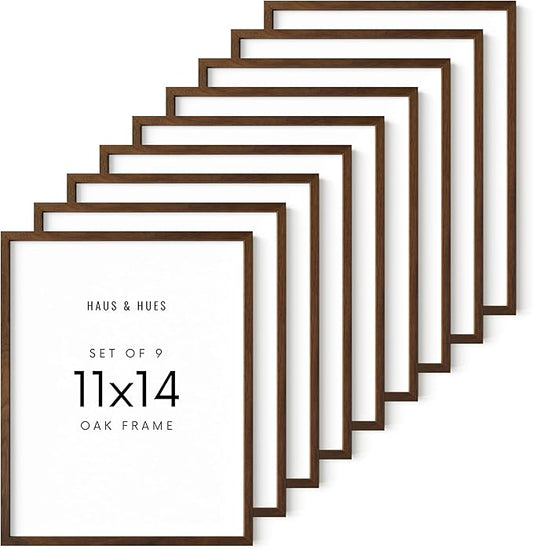 HAUS AND HUES Walnut Wood 11x14 Picture Frames - Set of 9, Natural Frames with Plexiglass and Hanging Hardware (Walnut Oak Frame)