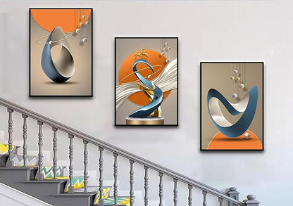 3 Pcs Modern Abstract Canvas Wall art Golden Deer Luxury Foil Lines Paintings Pictures Wall Decor White Blue orange color Grey posters Prints for Living Room Bedroom Office Home Decoration Unframed