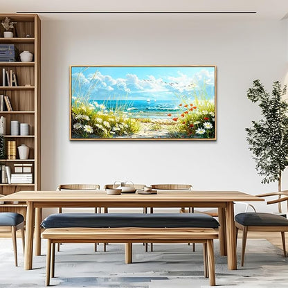 ZUITINGHUA Large Wood Framed Wall Decor For Living Room Canvas Wall Art For Office Modern Wall Decorations For Bedroom Flowers Landscape Paintings Seaside Pictures Artwork Home Decor 24x48 In
