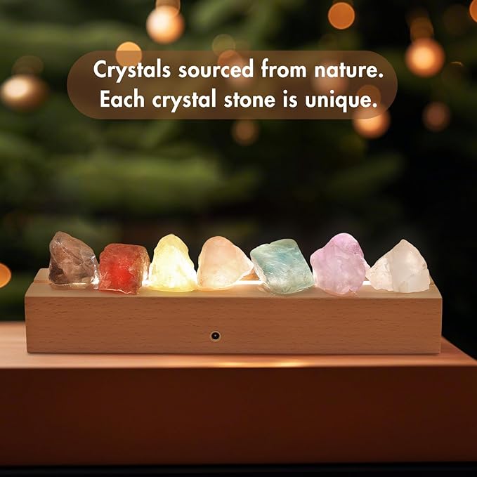 Healing Crystal Night Light, 7 Chakra Natural Bedside Lamp with Wooden LED Light Base, Healing Stones Positive Energy Night Lights for Home Decor Gifts (Rechargeable)