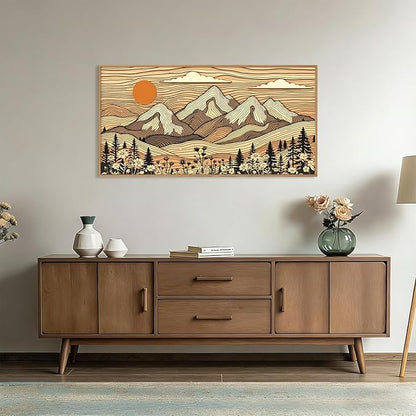 HPNIUB Woodcut Style Mountain Framed Wall Art Set,Abstract Wilderness Forest Wall Decor,Vintage Boho Sunset Art Print,Brown Line Nature Forest Scenery Artwork for Living Room, Bedroom,Office-20 x40